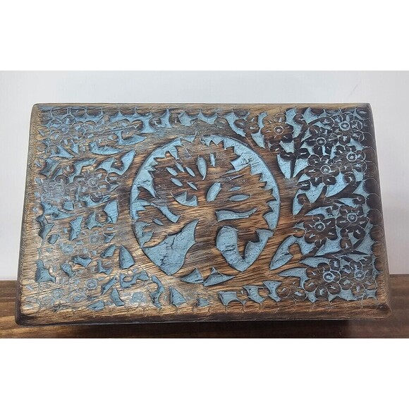 Vrinda Other - Vrinda Hand Carved Tree Of Life Wooden Jewelry Trinket Box Velvet Lined 8”x5”